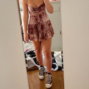 Brown Tie-Dye Adjustable Tie-Front Dress with Eyelet Detailing.